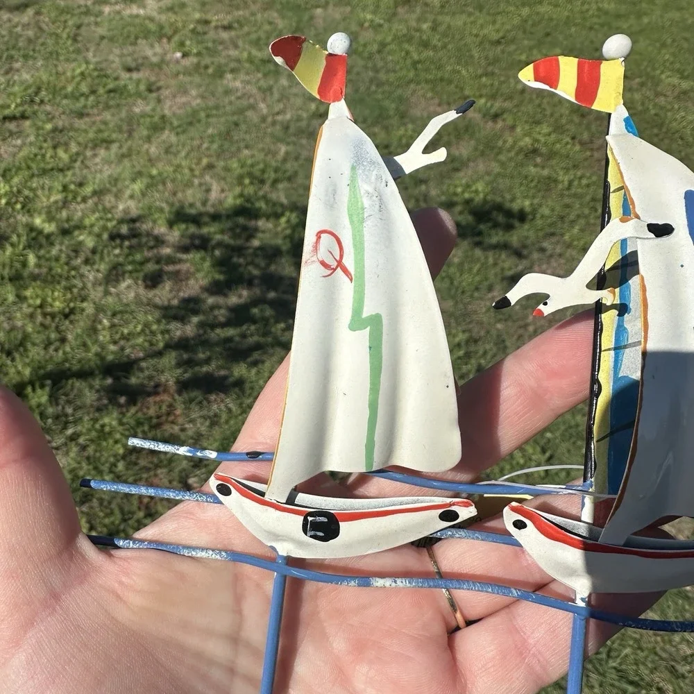 VINTAGE Three Sailboat Boats Wall Coat Hanger Seagulls Metal Beach Nautical 3D